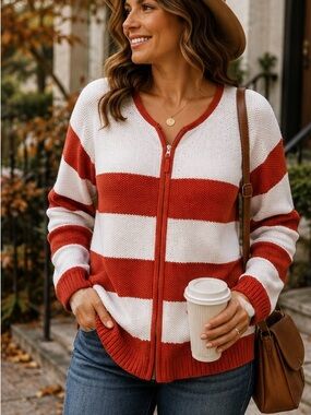 ALFRED SUNG 100% Cotton Burnt Orange Red & White Striped Zip Cardigan Knit L